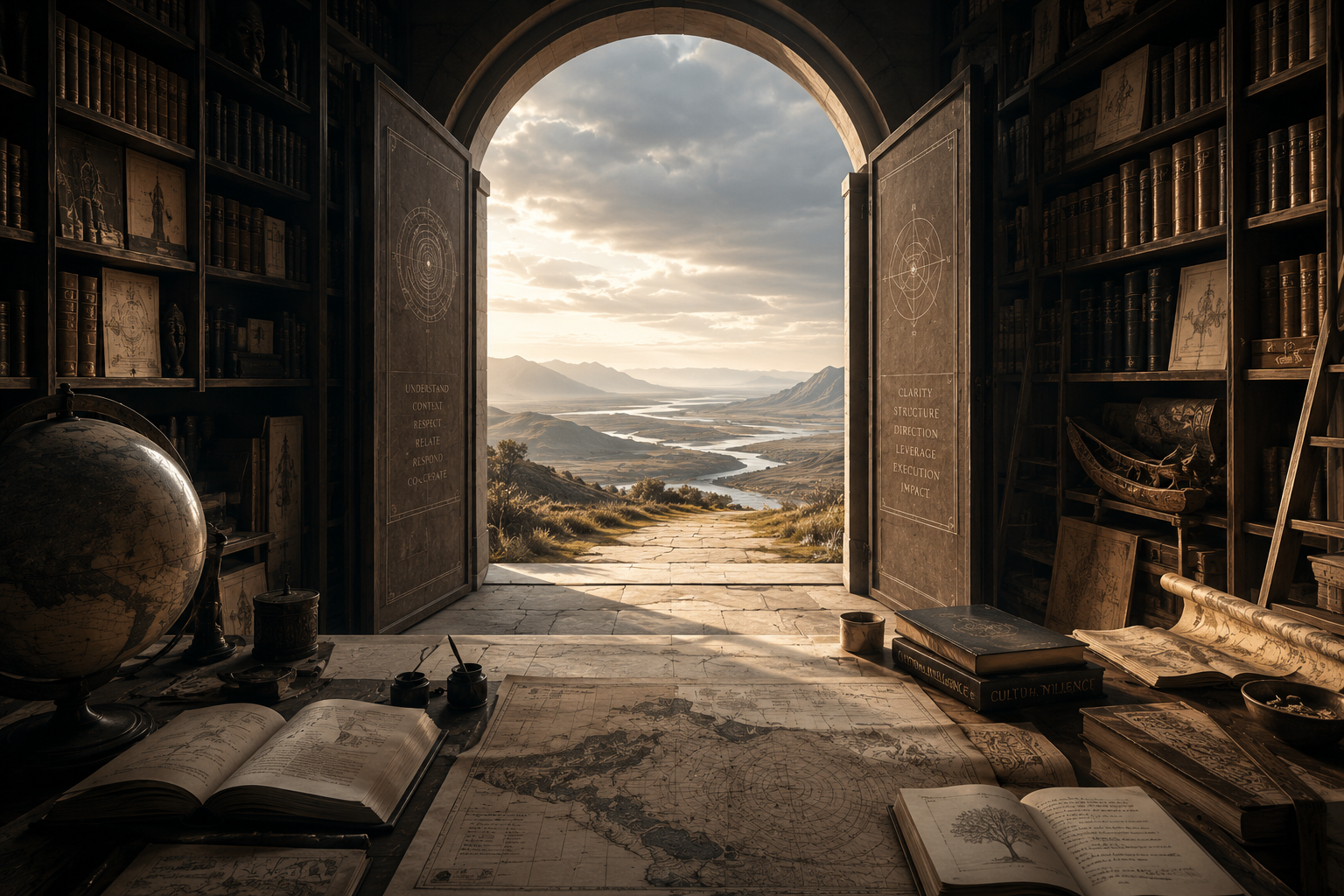 A grand architectural library opens through a large doorway onto a sunlit landscape beyond, symbolising the transition from accumulated knowledge to exploration, understanding, and future learning.