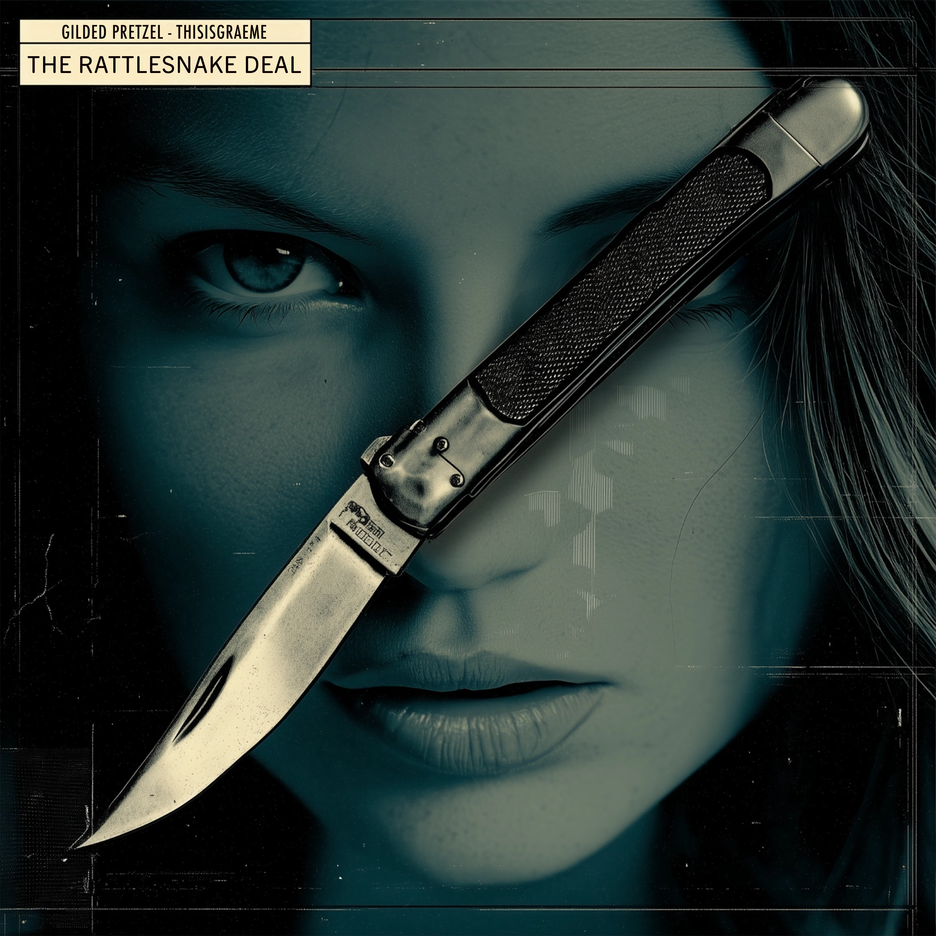 Album cover for The Rattlesnake Deal by Gilded Pretzel x THISISGRAEME — features a close-up of a woman’s face overlaid with a vintage folding knife across her nose, evoking noir tension and industrial menace.