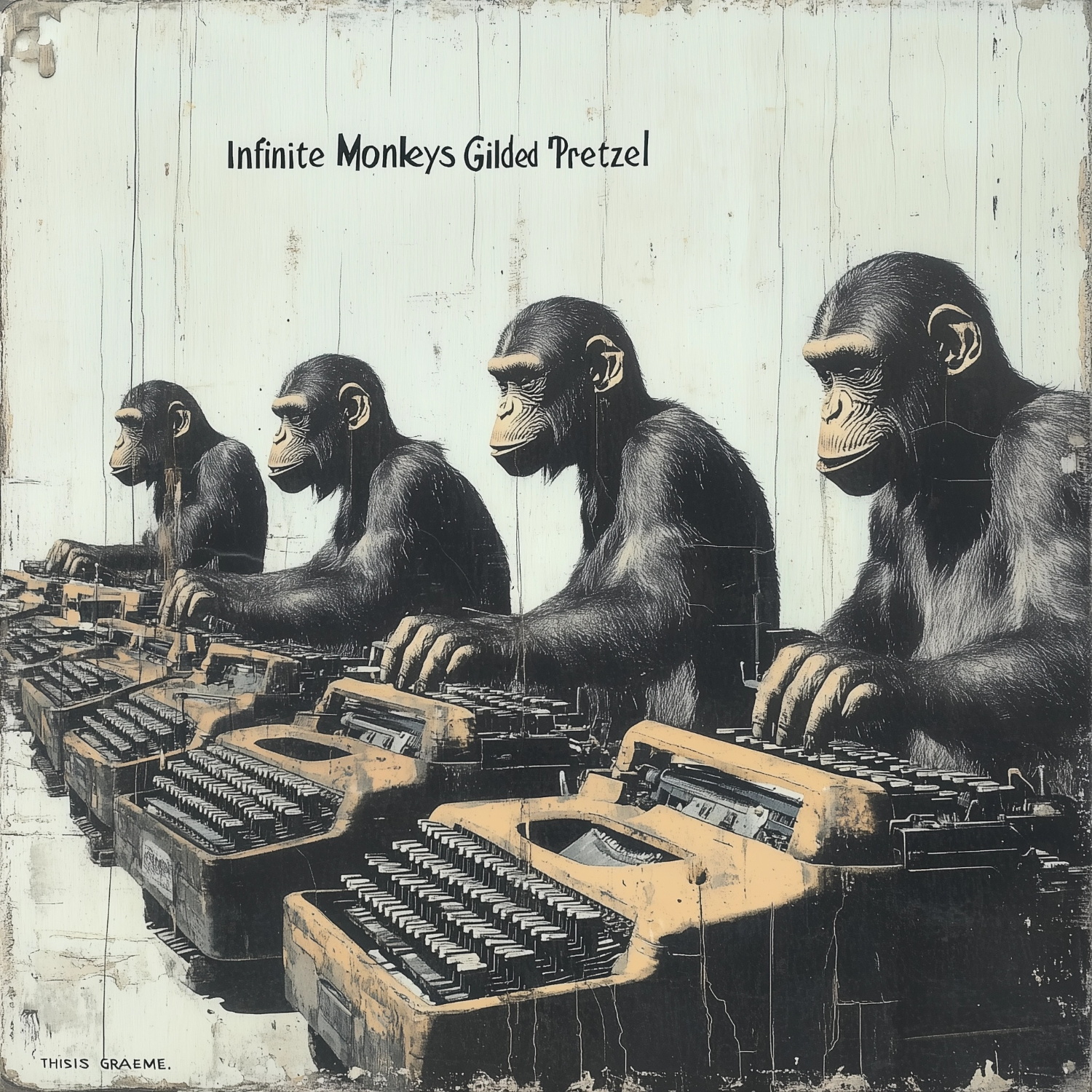 Four monkeys sitting at vintage typewriters in a row, representing Gilded Pretzel and THISISGRAEME's Infinite Monkeys album cover