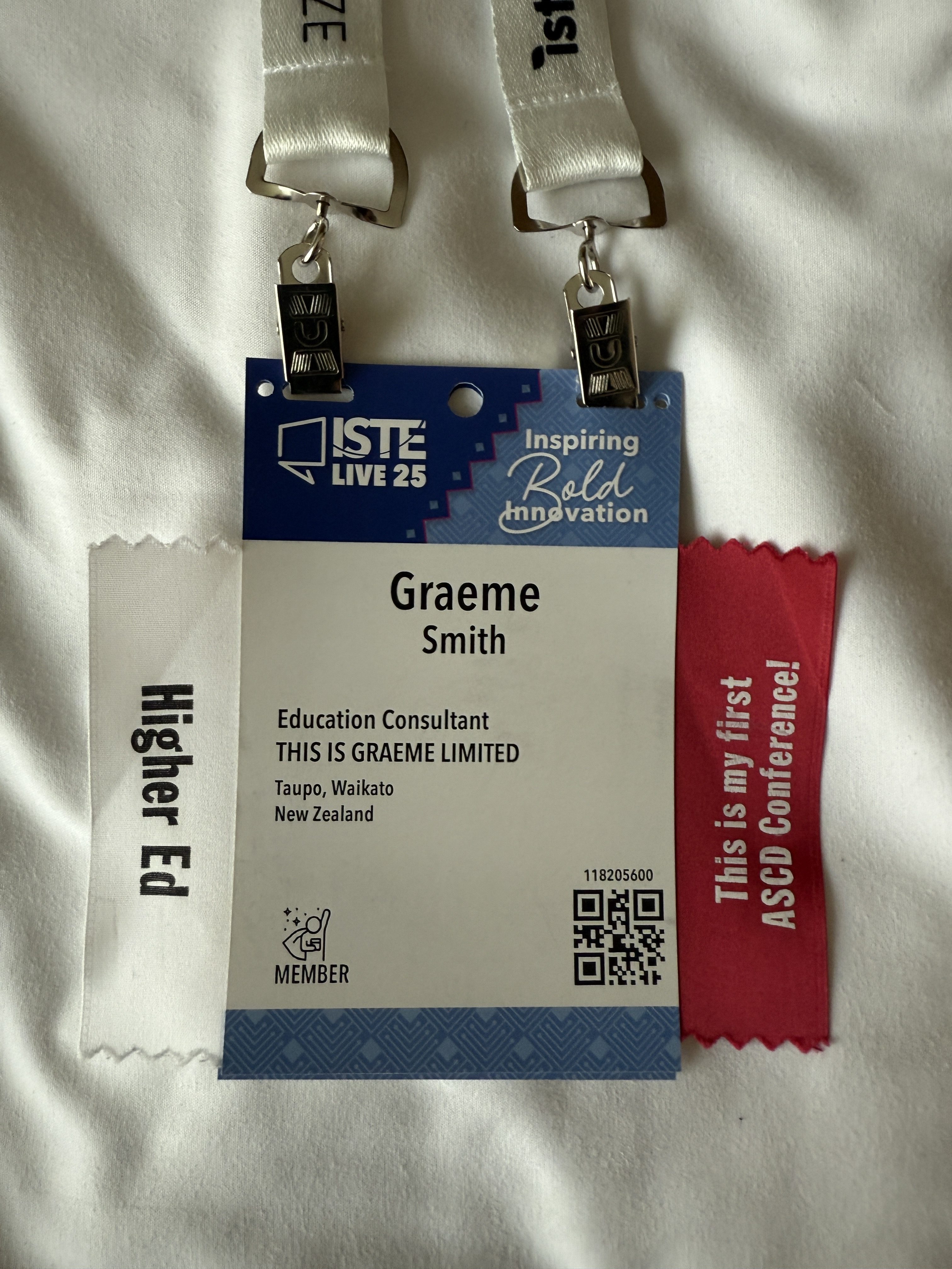 ISTE Live 25 conference badge worn by Graeme Smith in San Antonio