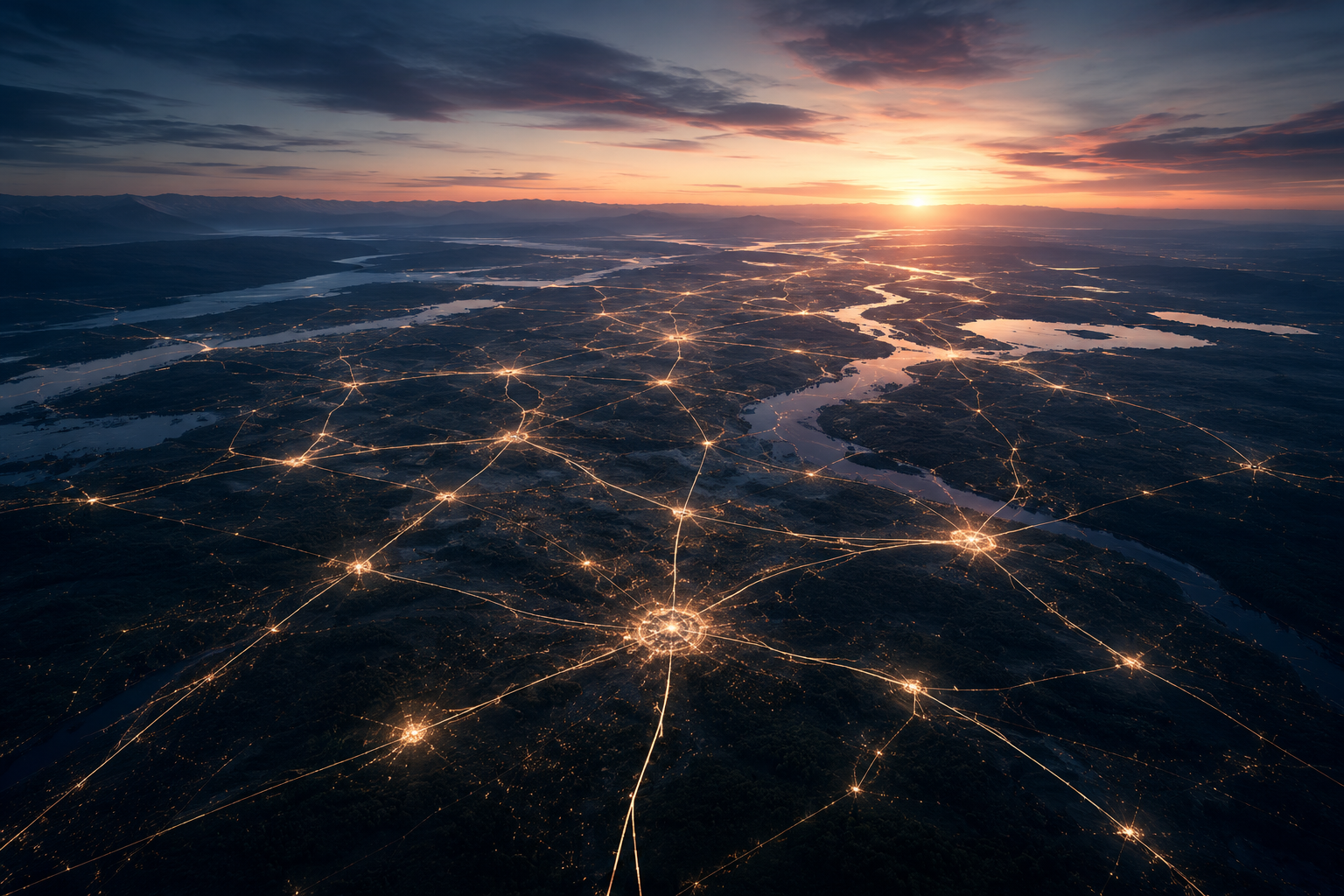 A network of illuminated connections spanning a landscape at dawn, symbolising intelligence infrastructure and participation in an emerging intelligence economy.
