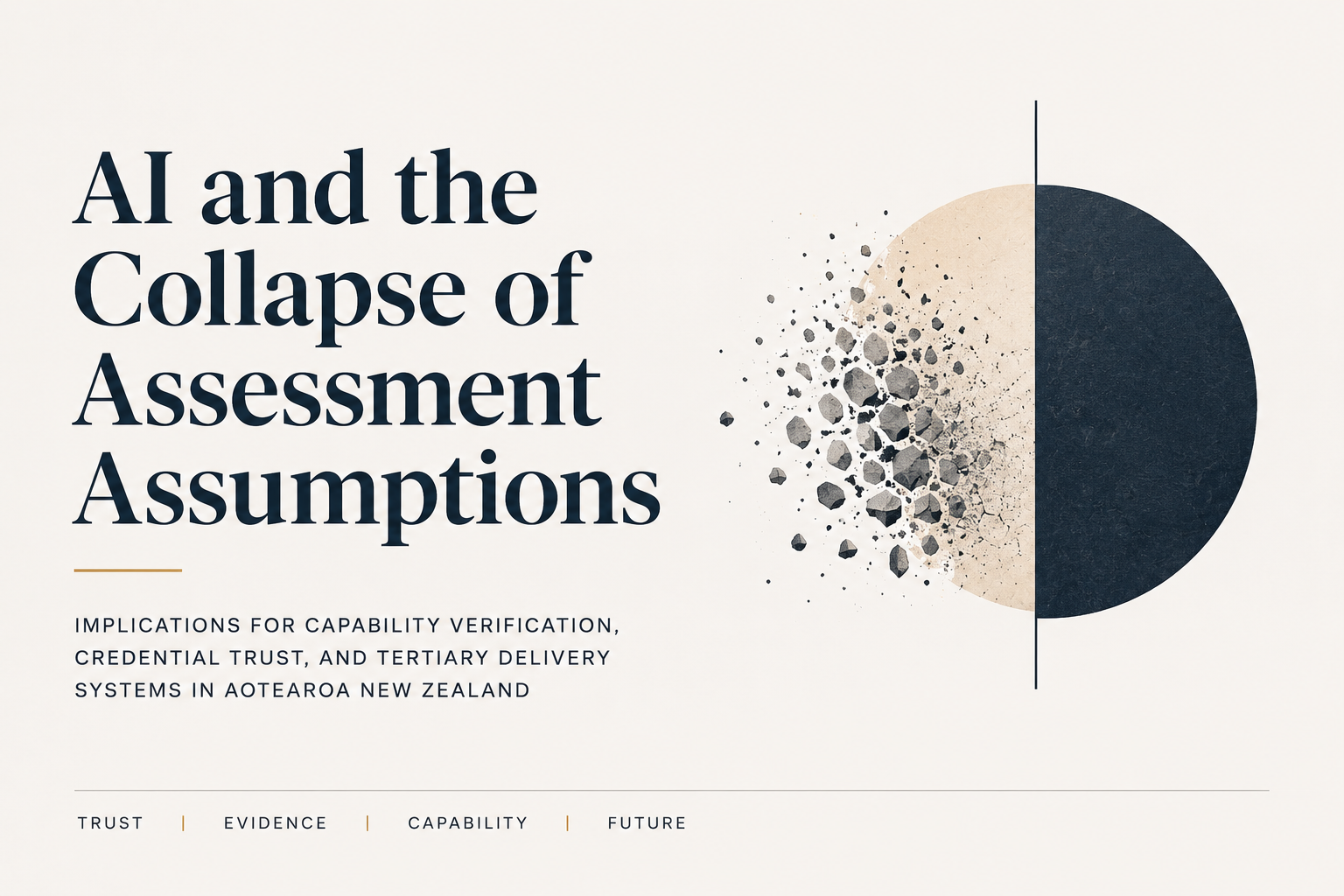 Abstract visual for AI assessment assumptions, capability verification, credential trust, and tertiary education in Aotearoa New Zealand