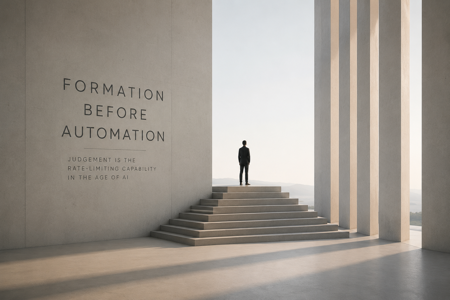Abstract figure and AI architecture representing human formation, judgement and trustworthy AI capability.