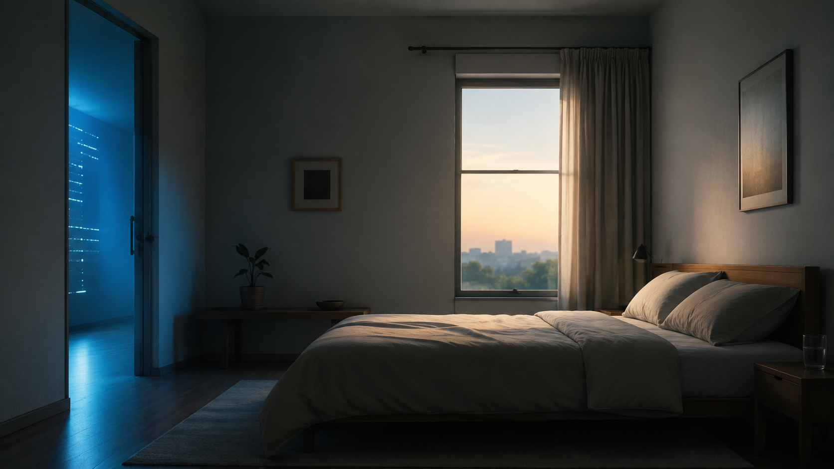 A neatly made bed in a quiet room, lit by a subtle technological glow.