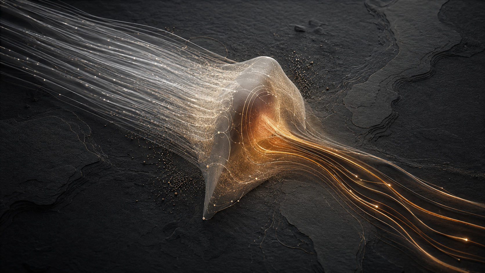Fine white signal lines pass through a translucent amber threshold and emerge as fewer coherent gold paths, representing accelerated intelligence being converted into durable human value.