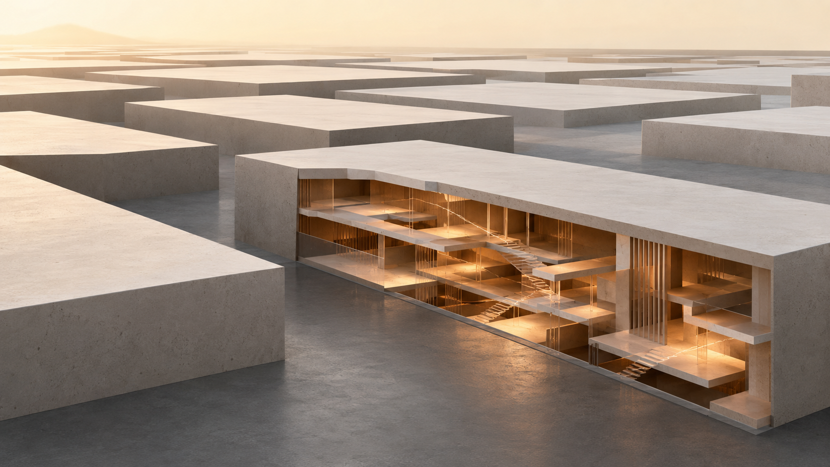 A field of identical pale architectural forms, with one cut away to reveal illuminated layers, pathways and structures beneath the surface.