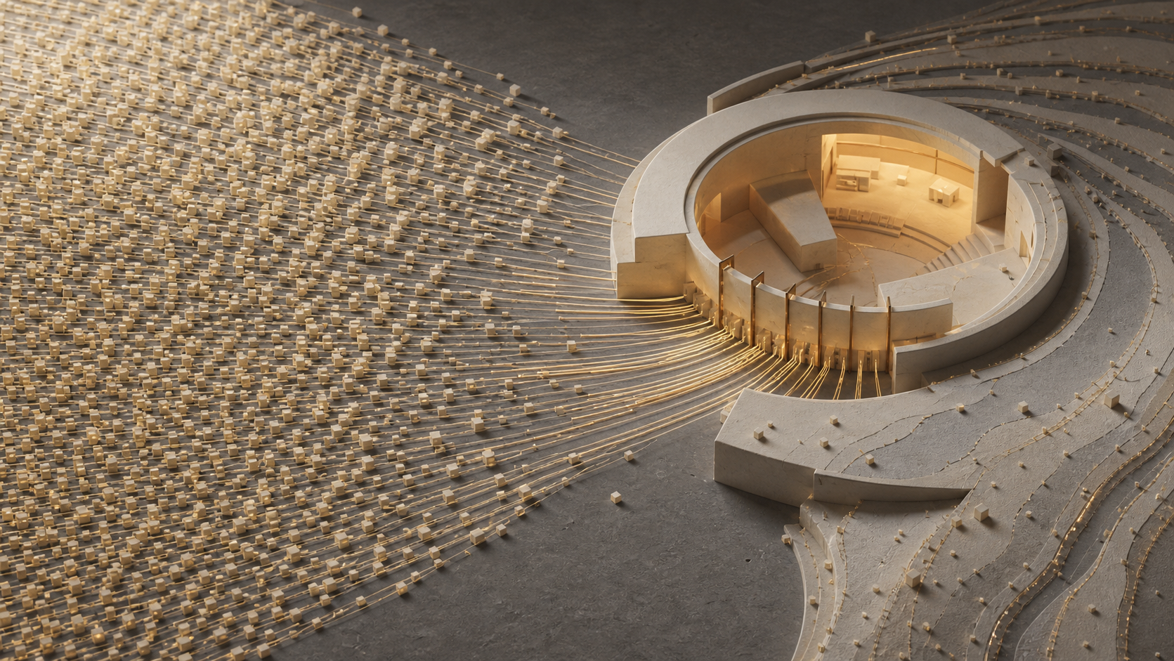 A dense field of pale modules and luminous pathways converges on a bounded, amber-lit integration chamber with staged entry points.