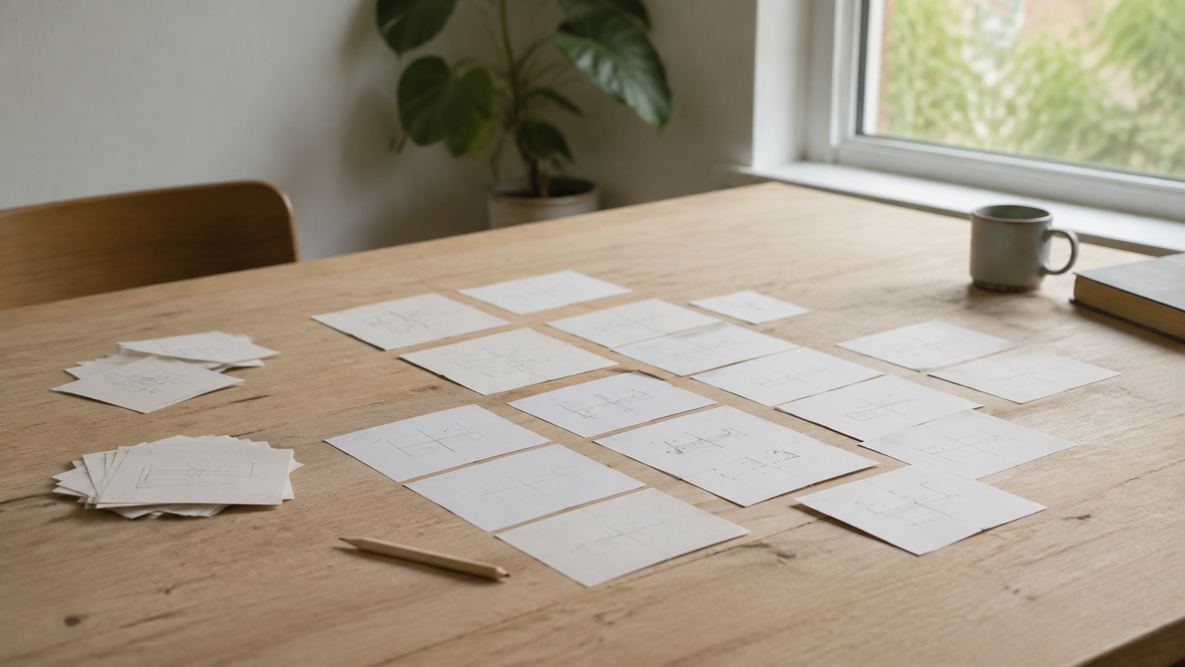 Hand-drawn notes being sorted into a working structure on a sunlit timber table.