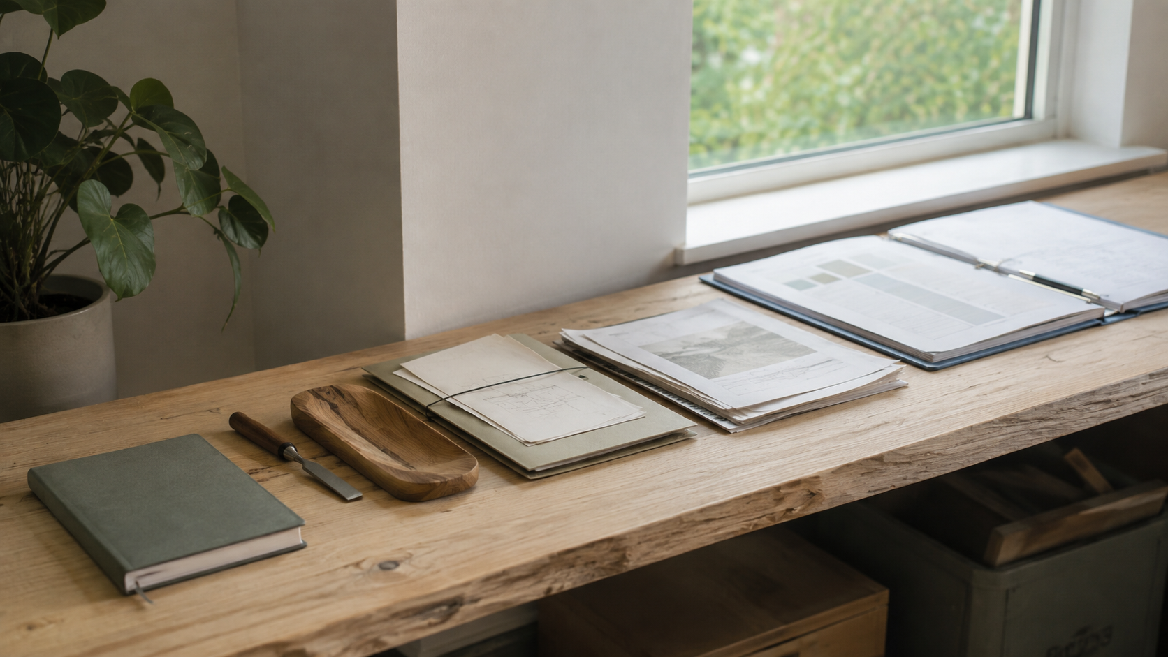 Varied practical evidence arranged into an ordered portfolio on a light timber workbench.