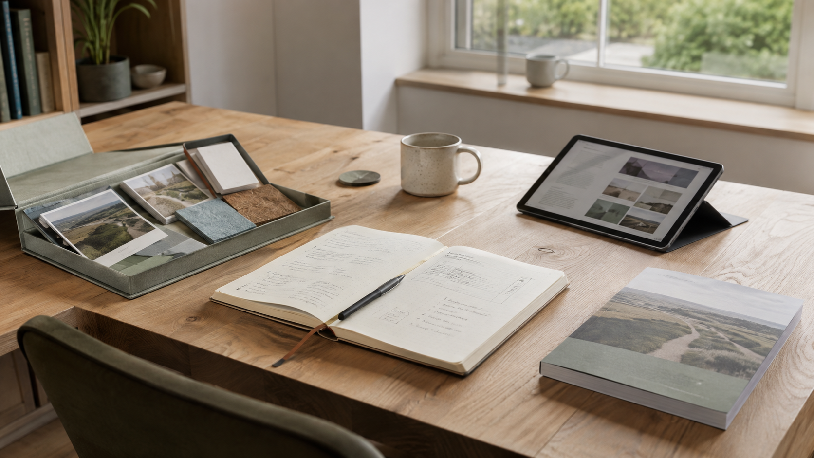 Notebook, evidence portfolio, digital tool and practical resources arranged in a calm working space.