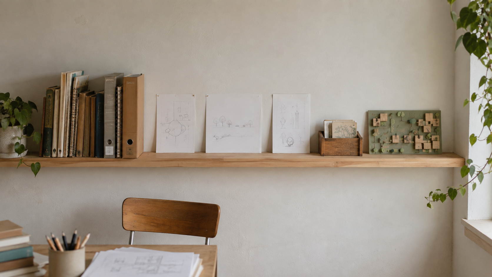 Established reference materials, working diagrams and practical resources in a daylight learning space.