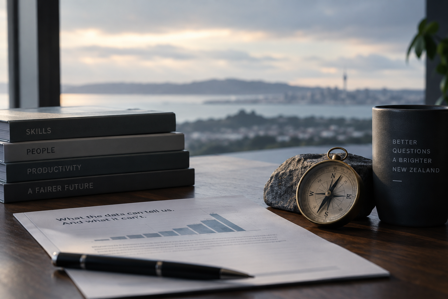 Books, a brass compass, stone and a printed chart on a wooden table overlooking a harbour skyline.